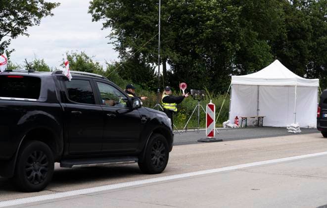 European Football Championship 2024 Checking football fans at the Dutch border European Football Championship 2024 Federal police and border guards check football fans entering Germany on the A40 near Straelen Many fans from different countries are expected in North Rhine-Westphalia Straelen Wachtendonk Germany North Rhine-Westphalia NRW