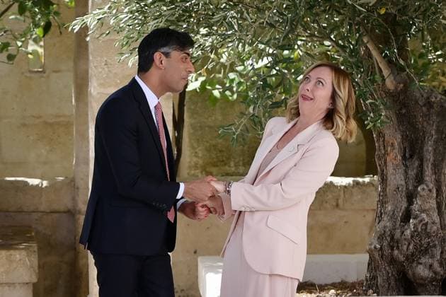 Bilder des Jahres 2024, News 06 Juni Prime Minister Giorgia Meloni together with Prime Minister of Great Britain Rishi Sunak during G7 Summit in Borgo Egnazia (Brindisi) in Italy on 13 June 2024. Prime Minister Giorgia Meloni together with Prime Minister of Great Britain Rishi Sunak during G7 Summit in Borgo Egnazia (Brindisi) in Italy on 13 June 2024.  Copyright: xVANNICELLI GRILLOTTIx xipa-agencx xx IPA_Agency_IPA47217100