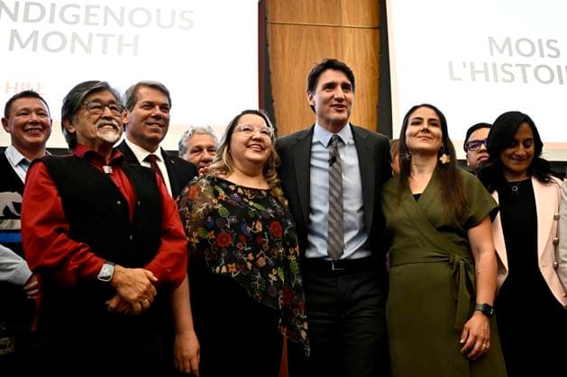 June 17, 2024, Ottawa, On, CAN: Prime Minister Justin Trudeau poses for a photo with Commissioner of Indigenous Languages Ronald Ignace, left, AFN National Chief Cindy Woodhouse, president of the Mo tis National Council Cassidy Caron, second from right, and members of the Liberal caucus after his remarks at the Indigenous History Month reception, in Ottawa, on Monday, June 17, 2024. Ottawa CAN - ZUMAc35_ 20240617_zaf_c35_067 Copyright: xJustinxTangx