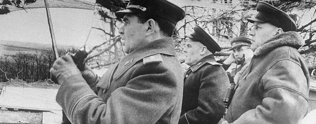 CHUIKOV GENERALS HEADQUARTERS BATTLE BERLIN GREAT PATRIOTIC WAR 50915 17.04.1945 Vasily Chuikov, commander of the Eighth Guards Army (left), with a group of generals at a command post near Berlin. RIA Novosti Sputnik Germany  Copyright: xRIAxNovostix