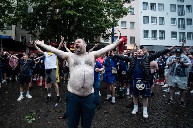 UEFA EURO 2024 in Cologne, Public Viewing in Cologne, Fan Zone at Heumarkt, Altermarkt Although Public Viewing was canceled, fans of Scotland UEFA EURO 2024 in Cologne, Public Viewing in Cologne, Fan Zone at Heumarkt, Altermarkt Cologne Downtown NRW Germany Copyright: xBEAUTIFULxSPORTS Buriakovx