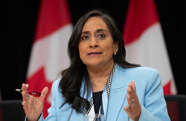 June 18, 2024, Ottawa, On, Canada: President of the Treasury Board Anita Anand responds to a question during a news conference in Ottawa, Tuesday, June 18, 2024. Ottawa Canada  - ZUMAc35_ 20240618_zaf_c35_050 Copyright: xAdrianxWyldx