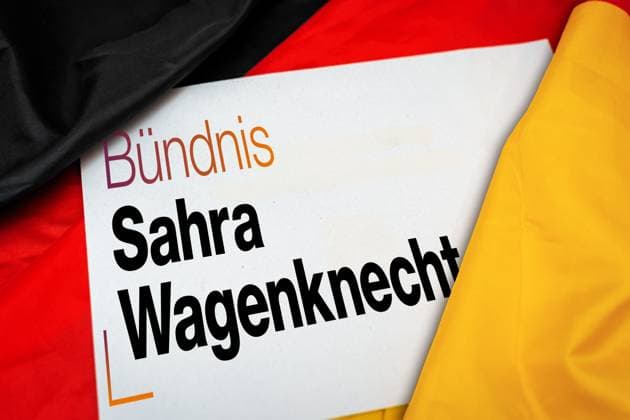 Bavaria, Germany - June 18, 2024: BSW - Alliance Sahra Wagenknecht Party, on a leaf, surrounded by German flag. Symbol for voters of the left-wing authoritarian, populist party in Germany. PHOTOMONTAGE *** BSW - Bündnis Sahra Wagenknecht Partei, auf einem Blatt, umringt von Deutschlandfahne. Symbol für Wähler der links-autoritären, populistische Partei in Deutschland. FOTOMONTAGE