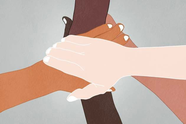 An illustration featuring four hands of various skin tones locking together in a symbol of unity and solidarity, reflecting themes of diversity and cooperation ideal for elections and community themes Model Released HodeiUnzueta_ID22309_651918_002 Copyright: xHodeixUnzuetax RECORD DATE NOT STATED