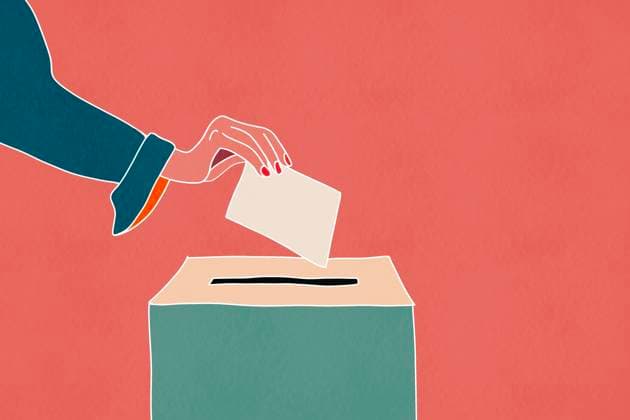 This illustration depicts a hand elegantly placing a ballot into a voting box against a pastel backdrop, symbolizing civic duty and the democratic process during elections Model Released HodeiUnzueta_ID22309_651919_003 Copyright: xHodeixUnzuetax RECORD DATE NOT STATED