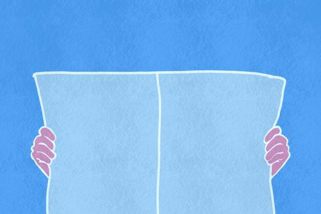 A vibrant illustration showing two hands gripping the edges of a large, blank blue poster, potentially used for election campaigns or voting announcements Model Released HodeiUnzueta_ID22309_651923_007 Copyright: xHodeixUnzuetax RECORD DATE NOT STATED