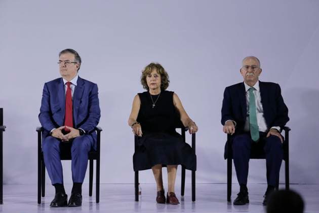 June 20, 2024, Mexico City, Mexico City, Mexico: On the left Marcelo Ebrard (now proclaimed Secretary of Economy) in the centre Rosaura Ruiz (now proclaimed Secretary of Science, Humanities, Technology and Innovation) and on the right Julio Berdeguo (now proclaimed Secretary of Agriculture and Rural Development) during the announcement of the new presidential cabinet for this new administration. Mexico City Mexico - ZUMAs310 20240620_zip_s310_012 Copyright: xLuisxExSalgadox