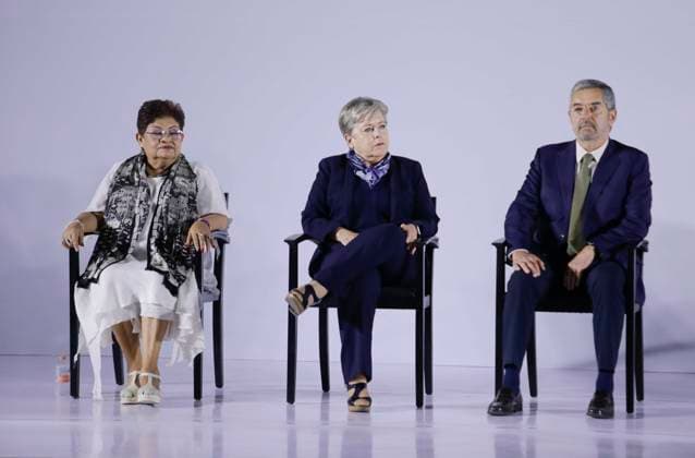 June 20, 2024, Mexico City, Mexico City, Mexico: On the left side Ernestina Godoy (now appointed Legal Advisor) in the centre Alicia Barcena (now proclaimed Secretary of Environment) and on the left Juan Ramon de la Fuente (now appointed Secretary of Foreign Affairs) during the announcement of the new presidential cabinet for this new administration. Mexico City Mexico - ZUMAs310 20240620_zip_s310_020 Copyright: xLuisxExSalgadox