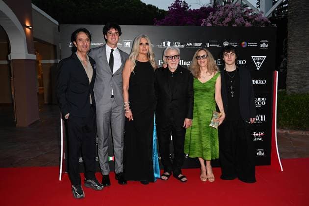 Cagliari: Santa Margherita di Pula, Cagliari, 7th edition of the Filming Italy Sardinia Festival, Red Carpet awards ceremony in the early evening. In the photo: Harvey Keitel, Daphna Kastner, Tiziana Rocca, Giulio Base, Vittorio Base Cagliari  - ZUMAp169 20240621_zea_p169_196 Copyright: xIPAx