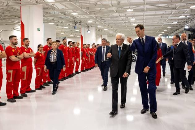 June 21, 2024, Maranello: The President of the Italian Republic Sergio Mattarella in Maranello to inaugurate the e-building, the plant where cars with combustion engines, hybrids and Ferrari s first electric model will be created. He was welcomed by the president John Elkann, the vice president Piero Ferrari, the CEO Benedetto Vigna and the employees, 21 June 2024 ANSA grimfoto Press Office HANDOUT HANDOUT EDITORIAL USE ONLY NO SALES HANDOUT ANSA PROVIDES ACCESS TO THIS HANDOUT PHOTO TO BE USED SOLELY TO ILLUSTRATE NEWS REPORTING OR COMMENTARY ON THE FACTS OR EVENTS DEPICTED IN THIS IMAGE; NO ARCHIVING; NO LICENSING NPK Maranello  - ZUMAa110 20240621_zaf_a110_010 Copyright: xUfficioxStampax