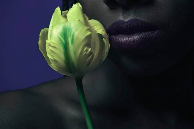 Creative Highlights Symbolbilder Young black woman holding yellow flower on blue Wroc?aw, Lower Silesian Voivodeship, Poland CR_PJWUOI240620C-1466943-01 ,model released, Symbolfoto