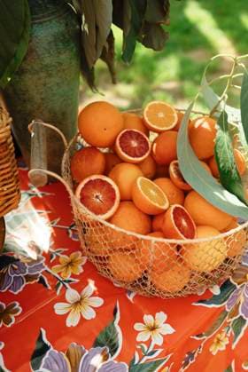 IMAGO Creative, Lifestyle, Feste im Garten #2 Basket of oranges on floral tablecloth San Diego, California, United States R_QCYJ240623-1467771-01