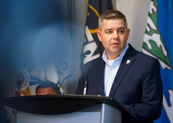 June 24, 2024, Regina, Sk, Canada: Saskatchewan Trade and Export Development Minister Jeremy Harrison speaks during a press conference about a wind energy project in Saskatchewan in Regina, Monday, June 24, 2024. Regina Canada  - ZUMAc35_ 20240624_zaf_c35_013 Copyright: xHeywoodxYux