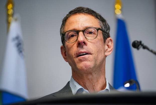 June 24, 2024, Regina, Sk, Canada: Matthew Akman, Executive Vice President of Enbridge, speaks during a press conference about a wind energy project in Saskatchewan in Regina, Monday, June 24, 2024. Regina Canada  - ZUMAc35_ 20240624_zaf_c35_016 Copyright: xHeywoodxYux