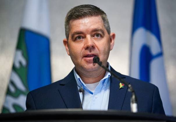 June 24, 2024, Regina, Sk, Canada: Saskatchewan Trade and Export Development Minister Jeremy Harrison speaks during a press conference about a wind energy project in Saskatchewan in Regina, Monday, June 24, 2024. Regina Canada  - ZUMAc35_ 20240624_zaf_c35_011 Copyright: xHeywoodxYux