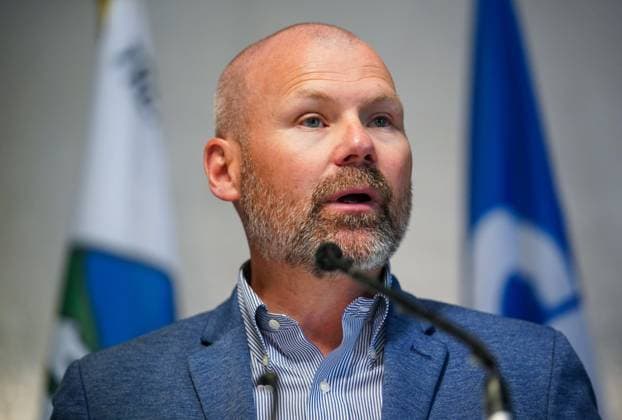 June 24, 2024, Regina, Sk, Canada: Saskatchewan Minister Responsible for SaskPower Dustin Duncan speaks during a press conference about a wind energy project in Saskatchewan in Regina, Monday, June 24, 2024. Regina Canada  - ZUMAc35_ 20240624_zaf_c35_014 Copyright: xHeywoodxYux