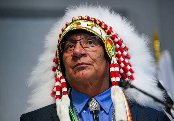 June 24, 2024, Regina, Sk, Canada: Chief Matthew Peigan of Pasqua First Nation speaks during a press conference about a wind energy project in Saskatchewan in Regina, Monday, June 24, 2024. Regina Canada  - ZUMAc35_ 20240624_zaf_c35_017 Copyright: xHeywoodxYux