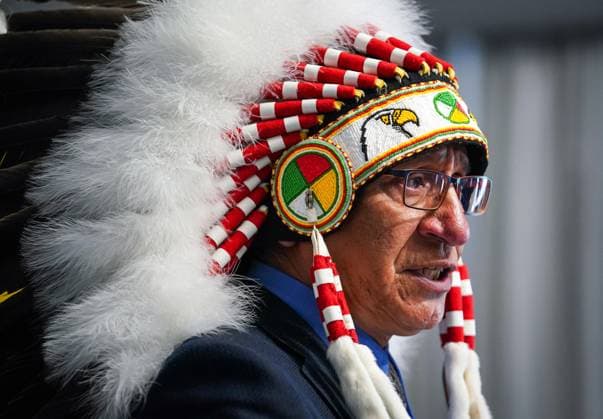 June 24, 2024, Regina, Sk, Canada: Chief Matthew Peigan of Pasqua First Nation speaks during a press conference about a wind energy project in Saskatchewan in Regina, Monday, June 24, 2024. Regina Canada  - ZUMAc35_ 20240624_zaf_c35_018 Copyright: xHeywoodxYux