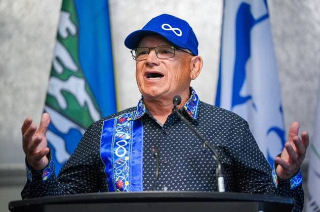 June 24, 2024, Regina, Sk, Canada: Glen McCallum President of Metis Nation Saskatchewan speaks during a press conference about a wind energy project in Saskatchewan in Regina, Monday, June 24, 2024. Regina Canada  - ZUMAc35_ 20240624_zaf_c35_019 Copyright: xHeywoodxYux