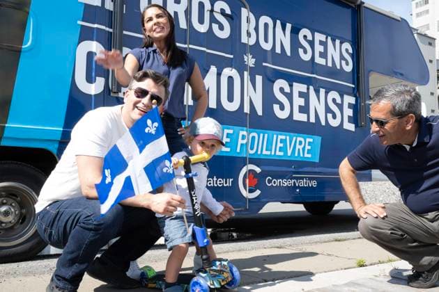 June 24, 2024, Quebec, Pq, Canada: Conservative Leader Pierre Poilievre, his wife Anaida, centre. their two-year-old son Cruz and Conservative MP Pierre Paul-Hus before hopping on the RV touring Quebec for the Fete nationale, in Quebec City, Monday, June 24, 2024. Quebec Canada  - ZUMAc35_ 20240624_zaf_c35_036 Copyright: xJacquesxBoissinotx