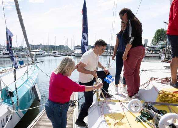 June 24, 2024, Quebec, Pq, Canada: Conservative Leader Pierre Poilievre hops on a Class40 sailboat that will participate in the Quebec-Saint-Malo France match race, Monday, June 24, 2024 in Quebec City. Quebec Canada  - ZUMAc35_ 20240624_zaf_c35_040 Copyright: xJacquesxBoissinotx
