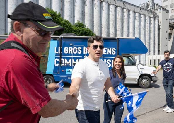 June 24, 2024, Quebec, Pq, Canada: Conservative Leader Pierre Poilievre is greeted by a supporter as his wife Anaida, left, looks on, Monday, June 24, 2024 in Quebec City. Poilievre and family are touring Quebec for the Fete National. Quebec Canada  - ZUMAc35_ 20240624_zaf_c35_044 Copyright: xJacquesxBoissinotx