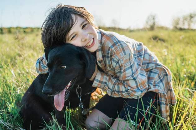 Creative Highlights Symbolbilder Smiling boy hugging dog on grass model released, Symbolfoto property released, ANAF02967