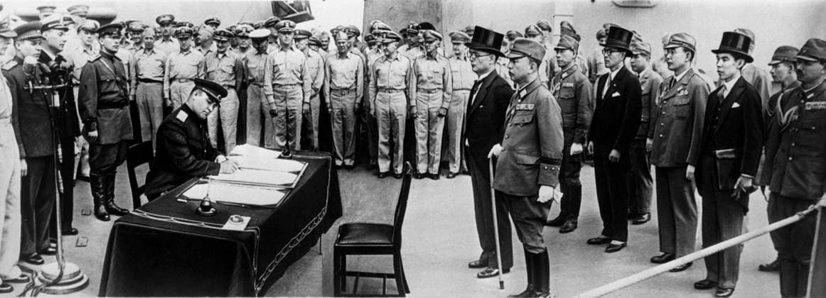 Signing of Japanese Instrument of Surrender 5506234 02.09.1945 The signing of the Japanese Instrument of Surrender on board the USS Missouri on September 2, 1945. Signatories on behalf of the Empire of Japan: Foreign Minister Shigemitsu Mamoru and Chief of the Army General Staff Yoshijiro Umezu (standing in the center); on behalf of the allied armies: Supreme Commander for the Allied Powers General of the US Army Douglas McCartur; and on behalf of the USSR:Lt-Gen Kuzma Derevyanko (puts his signature). Temin Sputnik Japan  Copyright: xTeminx