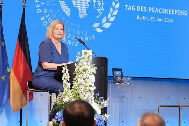 Peacekeeping Day, award ceremony for international peace missions by Federal Minister of the Interior Nancy Faeser in portrait during his speech for the award for international peace missions on Peacekeeping Day, Berlin, 27 06 2024 Berlin Berlin Germany