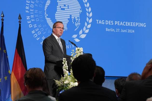 Day of Peacekeeping, Award ceremony for international peace missions by Federal Minister of Defense Boris Pistorius in portrait during his speech for the award for international peace missions on the Day of Peacekeeping, Berlin, 27 06 2024 Berlin Berlin Germany