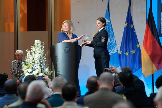 Day of Peacekeeping 2024 Day of Peacekeeping 2024, honoring German personnel in international peacekeeping missions at the AXICA event center at the Brandenburg Gate, Federal Minister of the Interior and for Homeland Nancy Faeser, Police Commissioner Lysanne Köhnke Berlin Berlin GER
