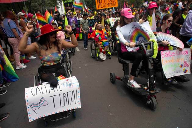 June 29, 2024, Mexico City, Mexico City, Mexico: Congregation of disabled people who attended the LGBT+ Pride March held on Paseo de la Reforma, one of the most important streets of the city. Mexico City Mexico - ZUMAs310 20240629_zip_s310_011 Copyright: xLuisxExSalgadox