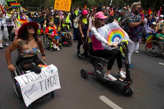 June 29, 2024, Mexico City, Mexico City, Mexico: Congregation of disabled people who attended the LGBT+ Pride March held on Paseo de la Reforma, one of the most important streets of the city. Mexico City Mexico - ZUMAs310 20240629_zip_s310_015 Copyright: xLuisxExSalgadox