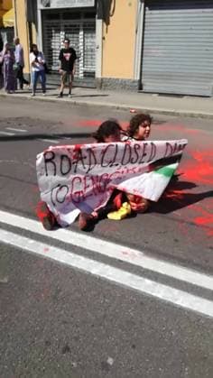 BOLOGNA - THE TOUR DE FRANCE BLOCKED IN SUPPORT OF YOUNG PALESTINIANS, AGAINST the sportwhasing of Israel Premier Tech, the Israeli team participating in the Tuor. This afternoon, five people adhering to the Latest Generation Repair Fund campaign occupied the road under the bridge of the Mazzini station, sitting down, chaining themselves together and pouring red paint on themselves and on the street, to symbolize blood Editorial Usage Only  Copyright: xUltimaxGenerazione Fotogrammax xIPAx Agenzia_Fotogramma_FGR4130902