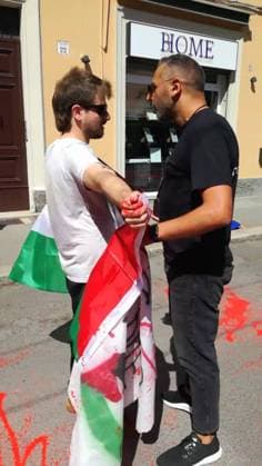 BOLOGNA - THE TOUR DE FRANCE BLOCKED IN SUPPORT OF YOUNG PALESTINIANS, AGAINST the sportwhasing of Israel Premier Tech, the Israeli team participating in the Tuor. This afternoon, five people adhering to the Latest Generation Repair Fund campaign occupied the road under the bridge of the Mazzini station, sitting down, chaining themselves together and pouring red paint on themselves and on the street, to symbolize blood Editorial Usage Only  Copyright: xUltimaxGenerazione Fotogrammax xIPAx Agenzia_Fotogramma_FGR4130895