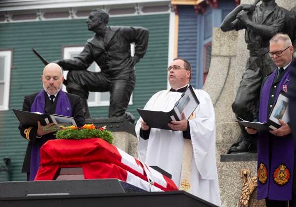 July 1, 2024, St. John s, Nl, Canada: Lt. Steve Courtney (left to right), Lt.-Col. Shawn Samson and Capt. Jeff Payne attend the ceremony as an unknown First World War Newfoundland and Labrador soldier is interned at the National War Memorial in St. John s on Monday, July 1, 2024. St. John s Canada  - ZUMAc35_ 20240701_zaf_c35_016 Copyright: xPaulxDalyx