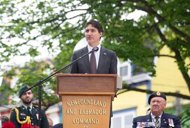 July 1, 2024, St. John s, Nl, Canada: Prime Minister Pierre Trudeau speaks at the reinternment of an Unknown Newfoundland Soldier at the National War Memorial in St. John s on Monday, July 1, 2024. St. John s Canada  - ZUMAc35_ 20240701_zaf_c35_025 Copyright: xPaulxDalyx