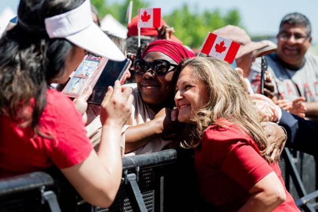 July 1, 2024, Ottawa, On, Canada: Minister of Finance and Deputy Prime Minister Chrystia Freeland takes a selfie with a guest during Canada Day celebrations at LeBreton Flats in Ottawa, on Monday, July 1, 2024. Ottawa Canada  - ZUMAc35_ 20240701_zaf_c35_032 Copyright: xSpencerxColbyx