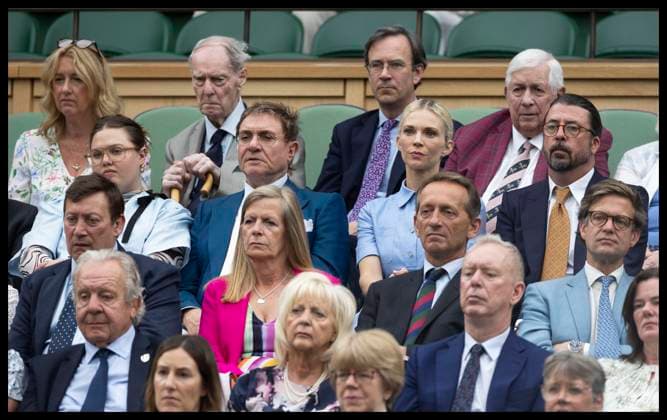 . 02 07 2024. London, United Kingdom. Simon Le Bon and his daughter Tallulah with Dave Growl and his wife Jordyn Blum in the Royal Box on day two of the Wimbledon Tennis Championships in London.  xStephenxLockx xi-Imagesx IIM-25342-0053