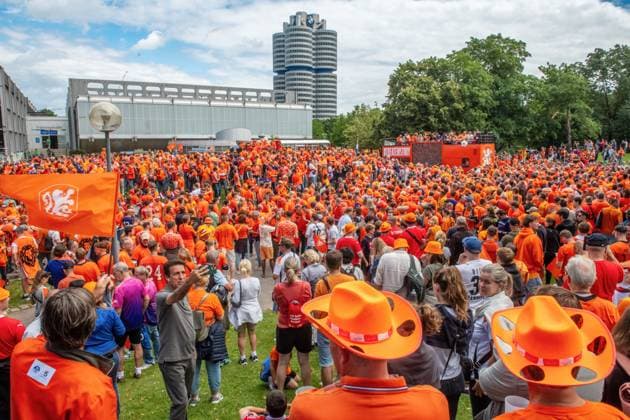 Thousands of cheerful Oranje fans march through the Olympic Park to the Fan Zone, Fan Walk, UEFA EURO 2024, Munich, 2 July 2024 Germany, Munich, 2 July 2024, Fan March of Dutch soccer fans to the
