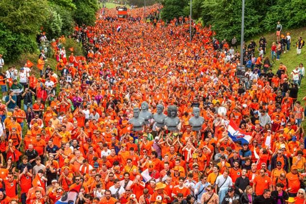 Thousands of cheerful Oranje fans march through the Olympic Park to the Fan Zone, Fan Walk, UEFA EURO 2024, Munich, 2 July 2024 Germany, Munich, 2 July 2024, Fan March of Dutch soccer fans to the Olympic Pa
