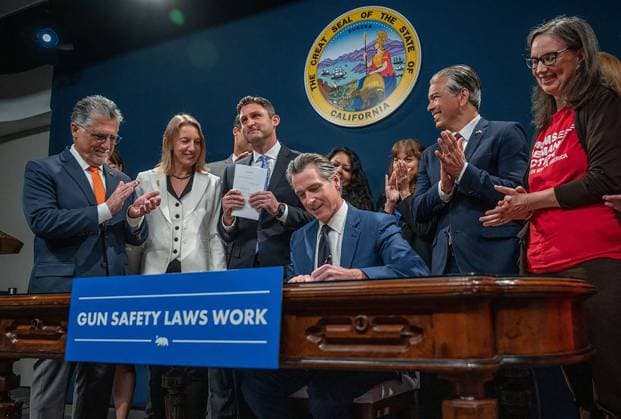 January 5, 2024: Gov. Gavin Newsom signs one of a series of bills to strengthen CaliforniaoÂ­s gun control laws on Tuesday, Sept. 26, 2023, at the state Capitol swing space. The bill by state Sen. Anthony Portantino, D-Burbank, far left, strengthens the state s concealed carry regulations. He stands next to state Sen. Catherine Blakespear, D-Encinitas, whose bill requires that semiautomatic pistols microstamp identifiers on expended cartridges. Assemblyman Jesse Gabriel, D-Woodland Hills, third from left, holds a copy of his bill that raises taxes on firearms and ammunition in 2024. - ZUMAm67_ 20240105_zaf_m67_033 Copyright: xHectorxAmezcuax