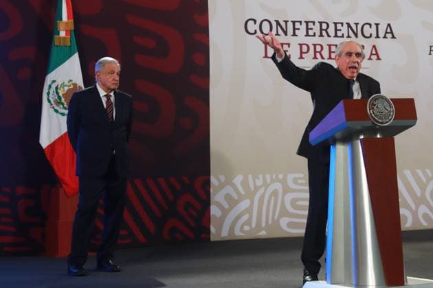 MexicoÃ¢â‚¬â ¢s President, Andres Manuel Lopez Obrador is seen behind while Pablo GoÂ³mez, Head of the Financial Intelligence Unit (UIF), speaking during a briefing conference at National Palace. where talked about how the Government of Mexico works to eliminate corruption and avoid budget waste, as happened in previous six-year terms. Mexico City Mexico - ZUMAe321 20240703_zia_e321_018 Copyright: xCarlosxSantiagox