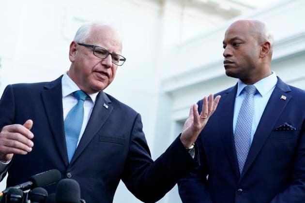 Governor Tim Walz (Democrat of Minnesota), chair of the Democratic Governors Association, left, and Governor Wes Moore (Democrat of Maryland), speak to members of the media after their meeting with US President Joe Biden at the White House in Washington on July 3, 2024. Copyright: xYurixGripasx xPoolxviaxCNPx MediaPunchx