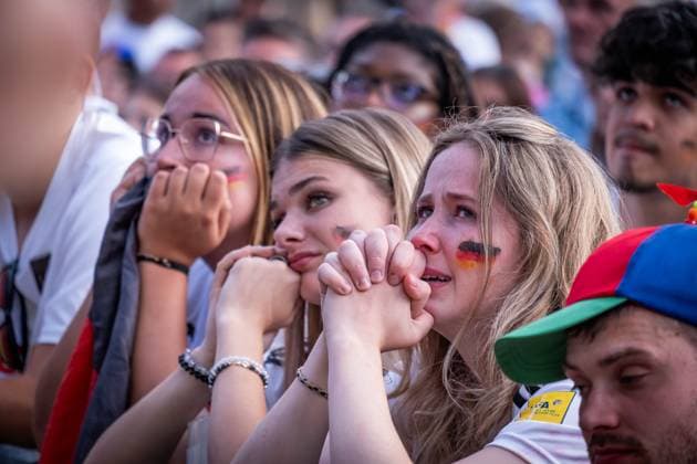 Quarter-final match European Championship Germany Spain 20240705 UEFA EURO 2024 Public Viewing Schlossplatz Stuttgart Football Fan Zone mourning German fans after the end of the match Stuttgart Baden Württemberg Germany