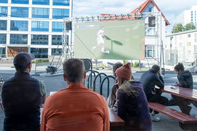Very few soccer fans are watching the quarter final match between Turkey and the Netherlands on a screen at Hlemmur Square in Rsykajvik during the UEFA EURO 2024 European Football Championship UEFA European Football Championship Football fans are watching the quarter final match between Turkey and the Neth sp20240705686.jpg