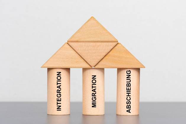 Migration, Integration und Abschiebung Drei Holzsäulen sind beschriftet mit Migration, Integration und Abschiebung *** Migration, integration and deportation Three wooden pillars are labeled Migration, integration and deportation