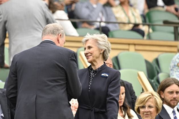 Tennis Wimbledon 2024 England Birgitte, Duchess of Gloucester greeted by HSH Prince Albert II of Monaco in the Royal Box Tennis Wimbledon 2024 England 08 07 2024 ChrysleneCaillaud Panoramic 