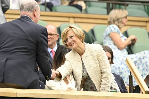 Tennis Wimbledon 2024 England Birgitte, Duchess of Gloucester greeted by HSH Prince Albert II of Monaco in the Royal Box Tennis Wimbledon 2024 England 08 07 2024 ChrysleneCaillaud Panoramic 