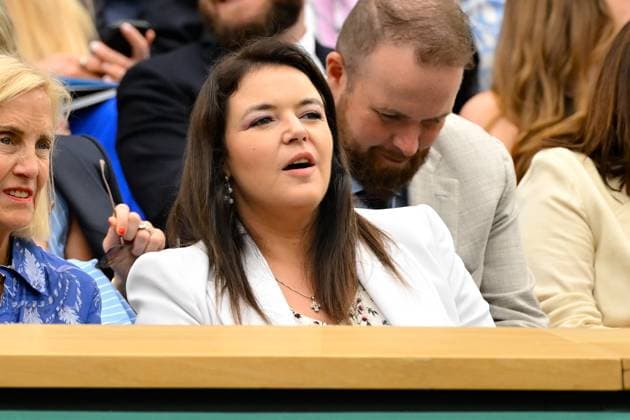 Tennis Wimbledon 2024 England Melanie Antoinette de Massy Presidente du Monte Carlo Country Club et SAS Prince ALbert II de Monaco dans la Royal Box Tennis Wimbledon 2024 England 08 07 2024 ChrysleneCaillaud Panoramic 